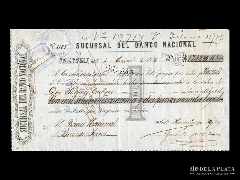 Argentina. Banco Nacional Suc Gualeguay, Entre Rios. Cheque 1886. (XF)

USD 20...