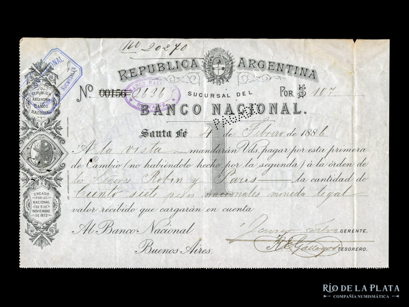 Argentina. Banco Nacional Suc. Santa Fe. Cheque 1886. (XF)

USD 20 - 40

Not...