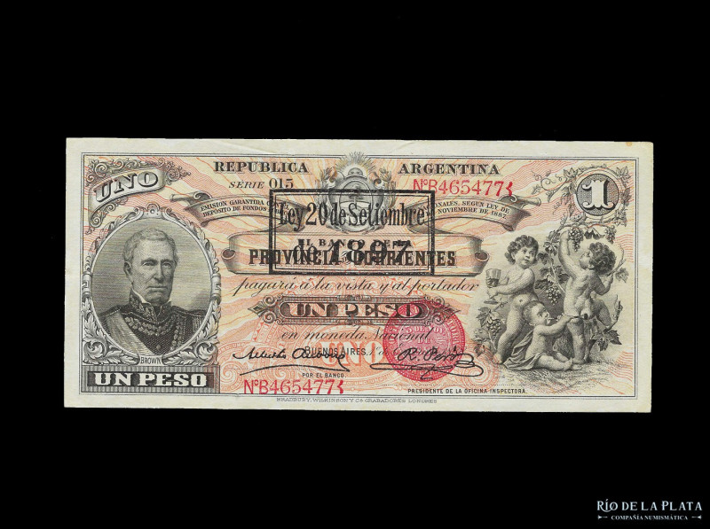 Argentina. Bancos Garantidos. Banco de la Provincia de Corrientes. 1 Peso 1888, ...