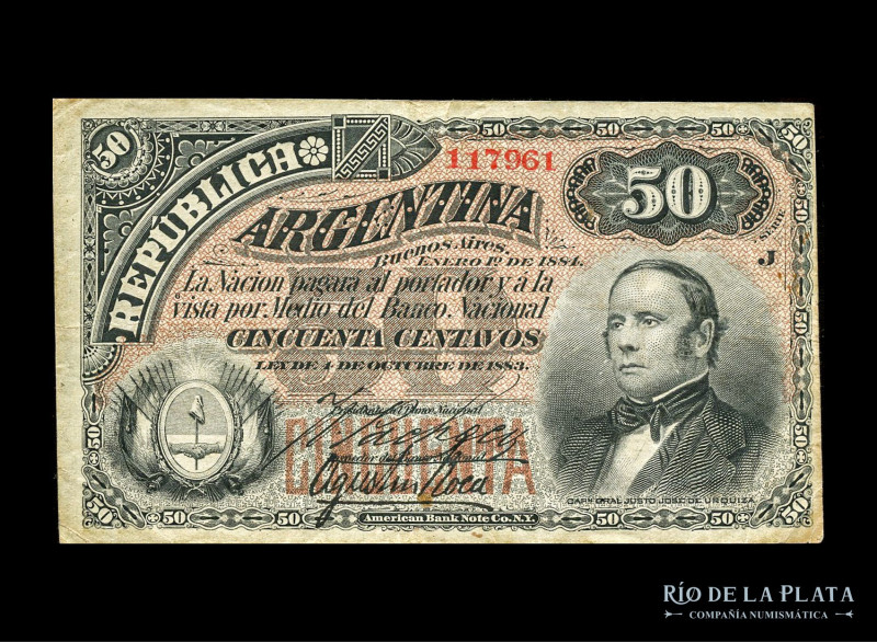 Argentina. Fraccionarios ABN. 50 Centavos 1884 (Urquiza) Firmas: Roca - Pacheco....