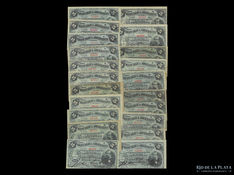 Argentina. Caja de Conversión - Fraccionarios 1891. 21 billetes de 5 Centavos 18...