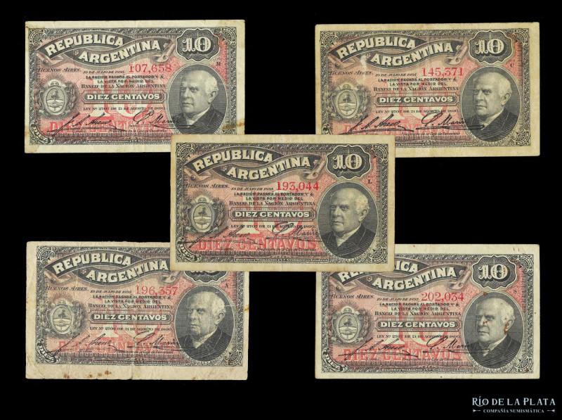 Argentina. Caja de Conversión - Fraccionarios 1895. 5 x 10 Centavos 1896 (Sarmie...