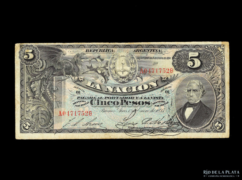 Argentina. La Nación. 5 Pesos 1895 serie A (Velez Sarfield). Firmas: Areco - Mol...