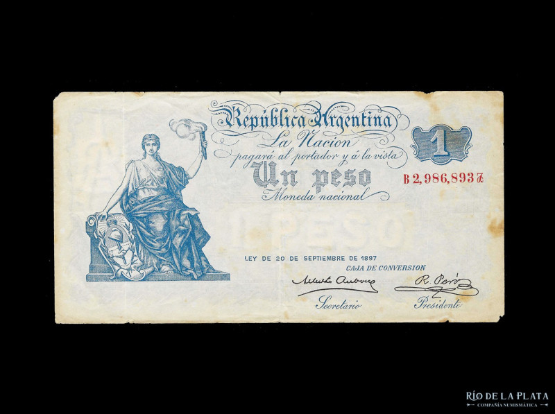 Argentina. Caja de Conversión, Macro. 1 Peso 1901 serie signos antes y después. ...