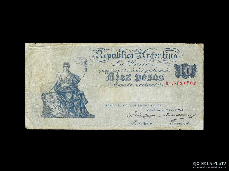 Argentina. Caja de Conversión, Signos. 10 Pesos 1906 serie letra antes y signo d...