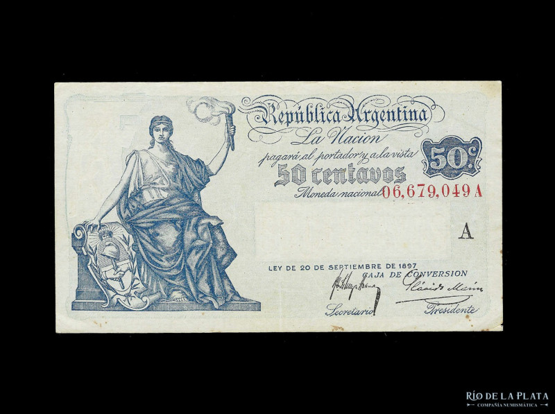 Argentina. Caja de Conversión. 50 Centavos 1923 serie A. Firmas: Meyer Arana - M...