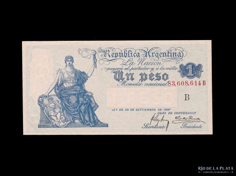 Argentina. Caja de Conversión. 1 Peso 1919 serie B. Firmas: Meyer Arana - Ortiz ...