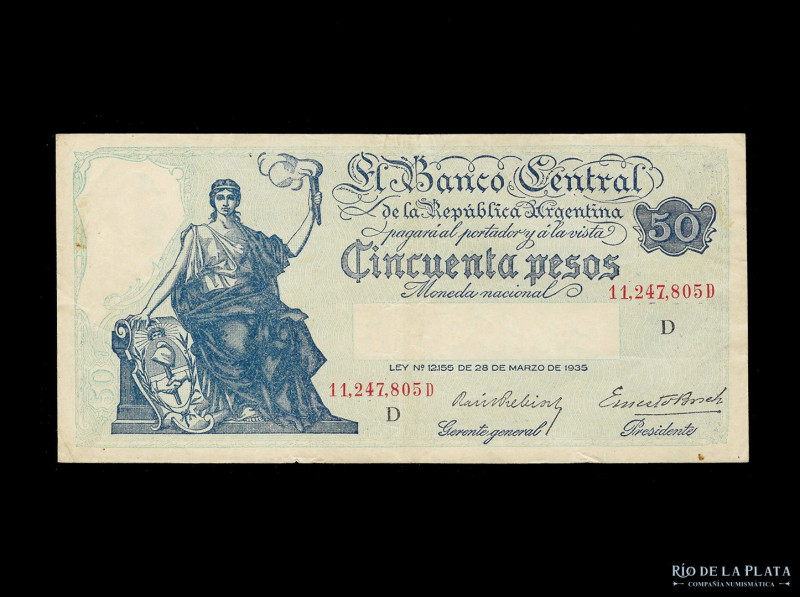 Argentina. Progreso. 50 Pesos 1943 serie D. Firma: Prebisch - Bosch. Col 435f; B...