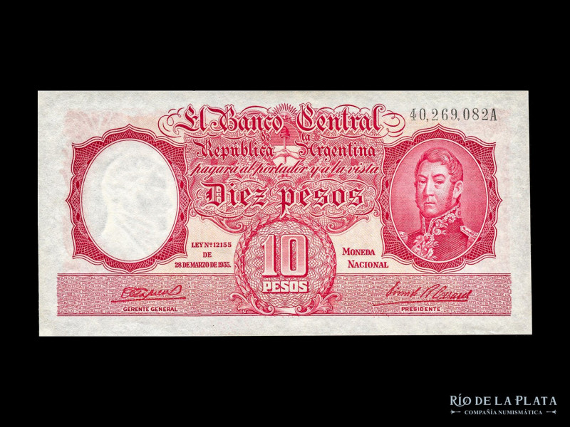 Argentina. BCRA Moneda Nacional - San Martin joven. 10 Pesos 1945 serie A. Firma...