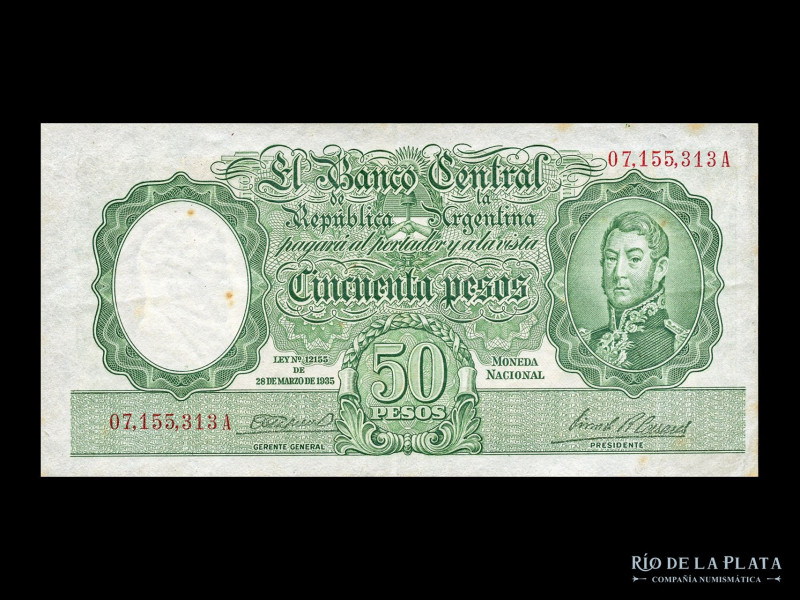 Argentina. BCRA Moneda Nacional - San Martin joven. 50 Pesos 1946 serie A, númer...