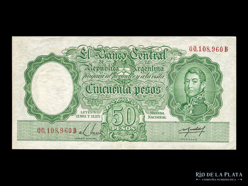 Argentina. BCRA Moneda Nacional - San Martin joven. 50 Pesos 1955 serie B, númer...