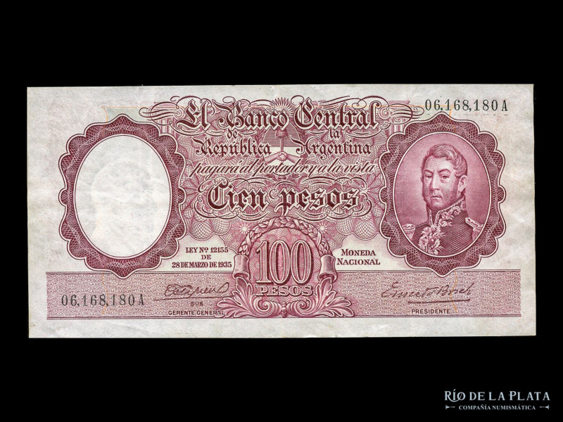 Argentina. BCRA Moneda Nacional - San Martin joven. 100 Pesos 1943 serie A. Firm...