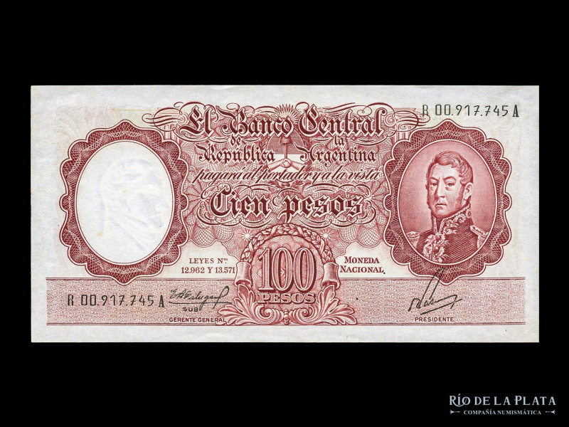 Argentina. BCRA Moneda Nacional - San Martin joven. 100 Pesos 1962-63 Reposición...