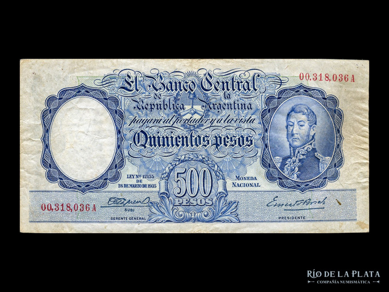 Argentina. BCRA Moneda Nacional - San Martin joven. 500 Pesos 1944 serie A, núme...