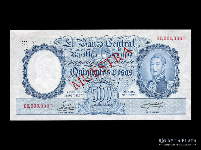 Argentina. BCRA Moneda Nacional - San Martin joven. 500 Pesos 1952 Muestra numer...