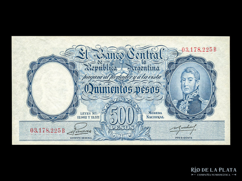 Argentina. BCRA Moneda Nacional - San Martin joven. 500 Pesos 1955 serie B, núme...