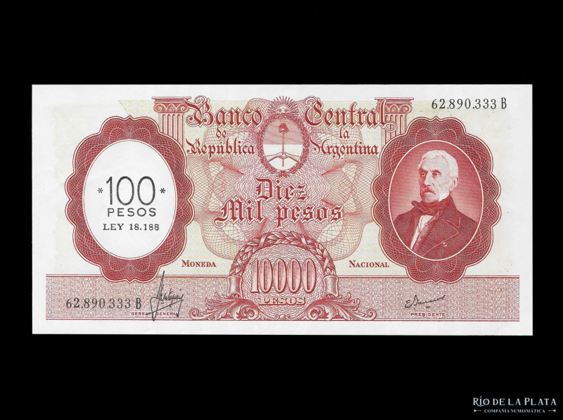 Argentina. BCRA Moneda Nacional - San Martín anciano. 10.000 Pesos 1970 resellad...