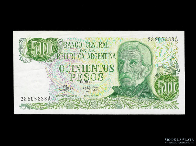Argentina. Pesos Ley 18.188. 500 Pesos 1973 serie A. Firmas: Mancini - Gómez Mor...