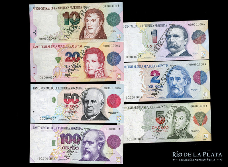 Argentina. Set x 7 Muestras 1 a 100 Pesos Convertibles Serie A. 1º Diseño. (AU) ...