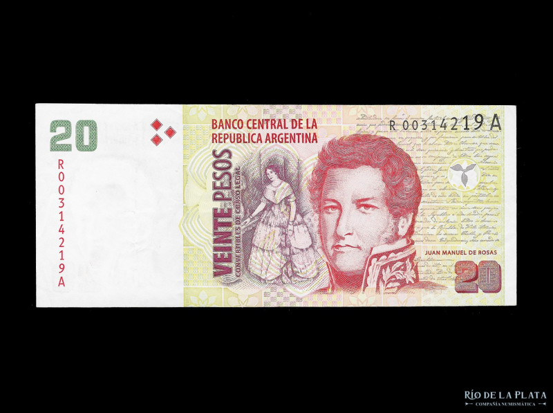 Argentina. Pesos Convertibles, 2° Diseño. 20 Pesos 2002-2003 Reposición, serie A...