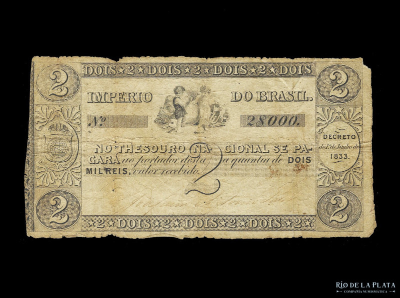 Brasil (Imperio) Thesouro Nacional. 2 Mil Reis 1833 Primera emisión. Firmado. Pi...