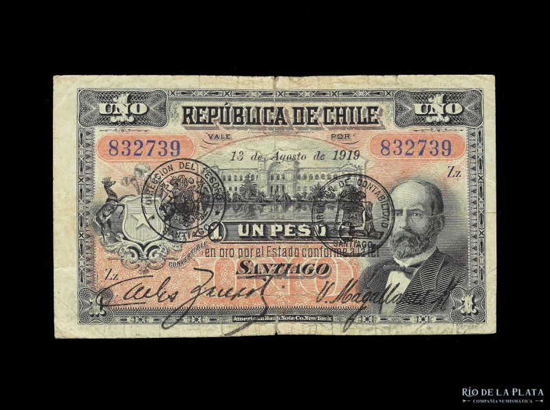 Chile. 1 Peso 1919. Impreso en ABNC. Pick 15b; Fajardo 6b.34. (F+)

USD 25 - 5...