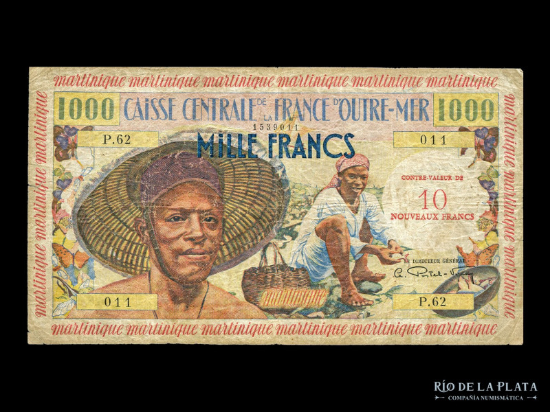 Martinica. Provisional Issue. 10 Nouveaux Francs sobre 1000 Francs, ND1960. Pick...