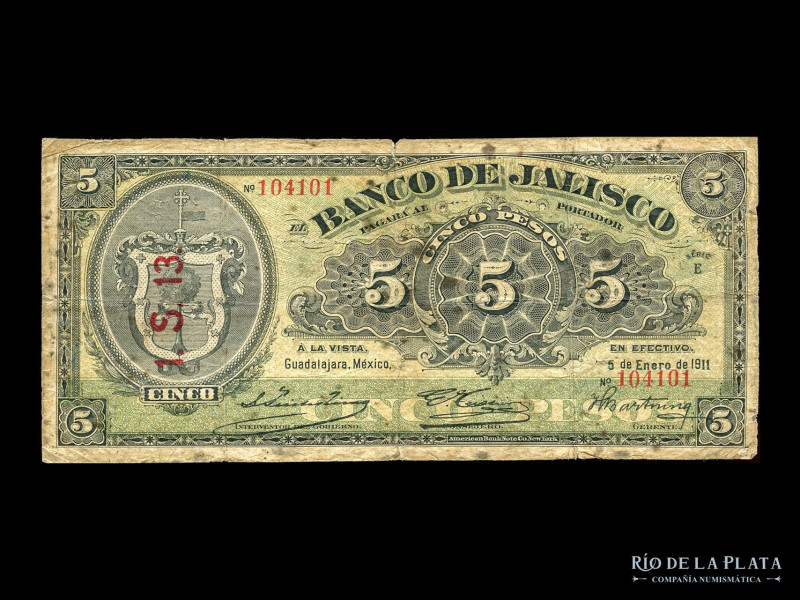 México. El Banco de Jalisco. 5 Pesos 1911 serie E. Pick S320c (F)

USD 20 - 40...