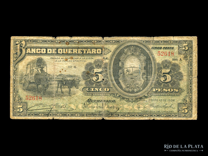 México. Banco de Querétaro. 5 Pesos 1906 serie A. Pick S390a (F)

USD 25 - 50...