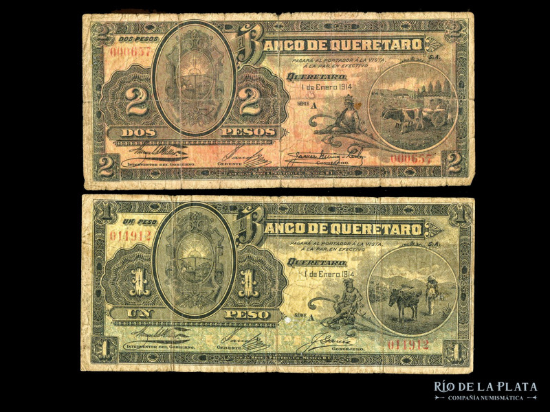 México. Banco de Querétaro. 1 y 2 Pesos 1914 serie A. Pick S397a y 398a (F)

U...