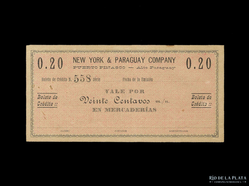 Paraguay. New York & Paraguay Company. Vale 20 Centavos Moneda Nacional ND, nume...