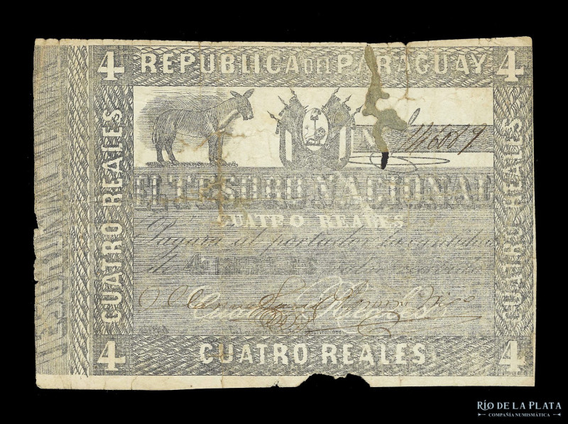 Paraguay. Tesoro Nacional. 4 Reales ND1860. Firmas: Ferriol - Trigo. Pick 10; Pr...