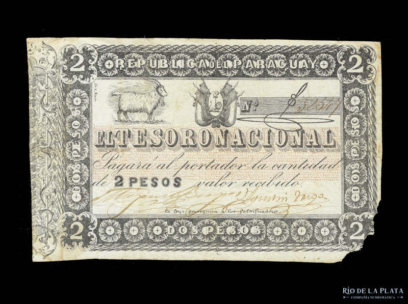 Paraguay. Tesoro Nacional. 2 Pesos ND1860. Firmas: Berges - Trigo. Pick 12; Prat...