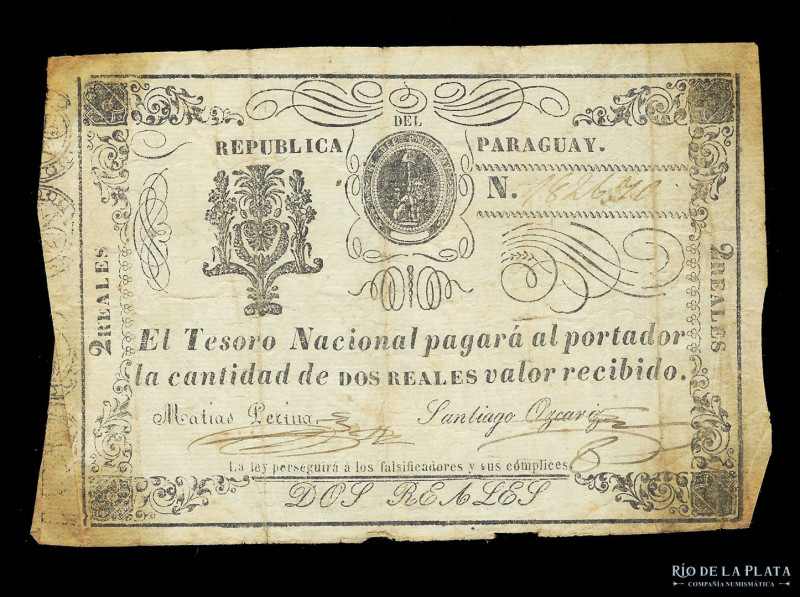 Paraguay. Tesoro Nacional. 2 RealesND1865. Firmas: Perina - Ozcariz. Pick 19; Pr...