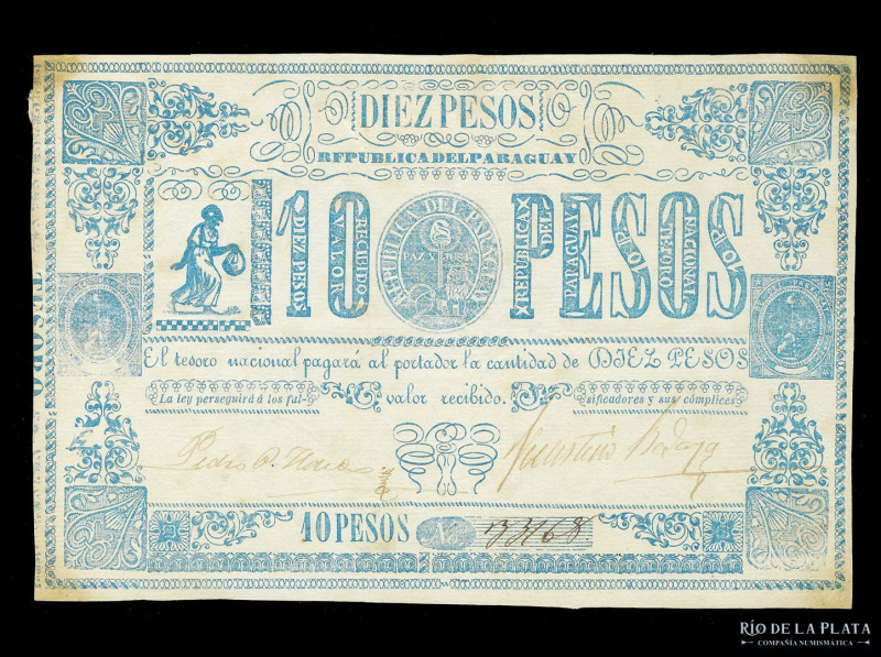 Paraguay. Tesoro Nacional. 10 Pesos ND1865. Firmas: Haedo - Bedoya. Pick 26; Pra...