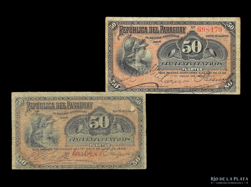 Paraguay. República del Paraguay. 2 x 50 Centavos Fuertes 1903. Diferentes firma...