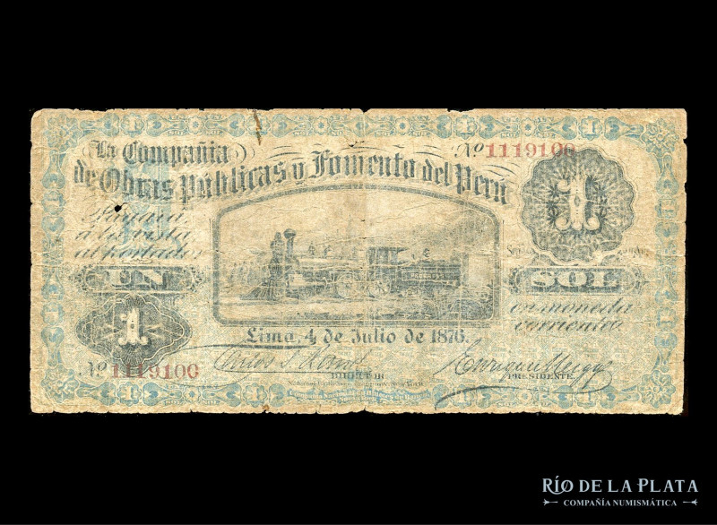 Perú. Compañía de Obras Públicas y Fomento. 1 Sol 1876. Resello en reverso. Pick...