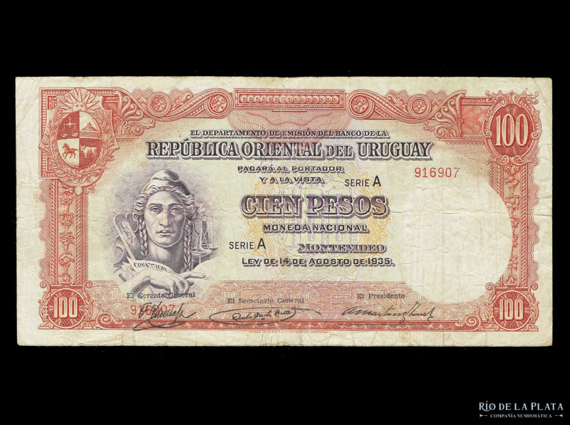 Uruguay. 100 Pesos ND1937. Firmas: Martí­nez Trueba, Silveira Zorzi y Netto. Pic...