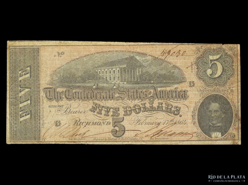 USA. Confederate States of America. 5 Dollars 1864. Pick 67 (F+) 

USD 50 - 10...