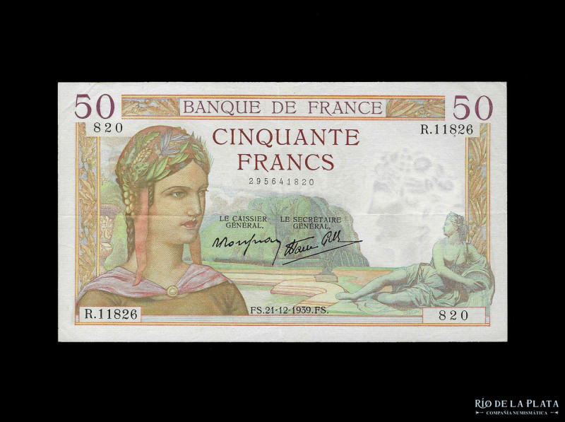 Francia. Banque de France. 50 Francs 1939 FS (21/12/1939). Pick 85b (XF) 

USD...