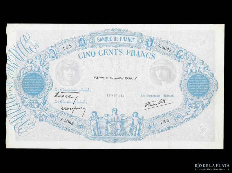Francia. 500 Francs 1938 (15-7-1938Z). Pick 88c (VF+) 

USD 150 - 200

Nota:...
