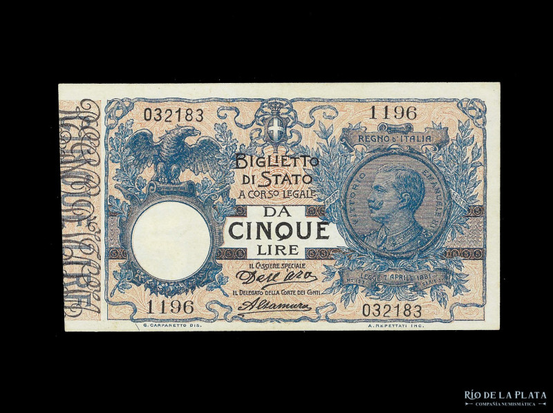 Italia. 5 Lire 1911. Firmas: Dell´Ara - Altamura. Pick 23b (AU)

USD 40 - 80
...