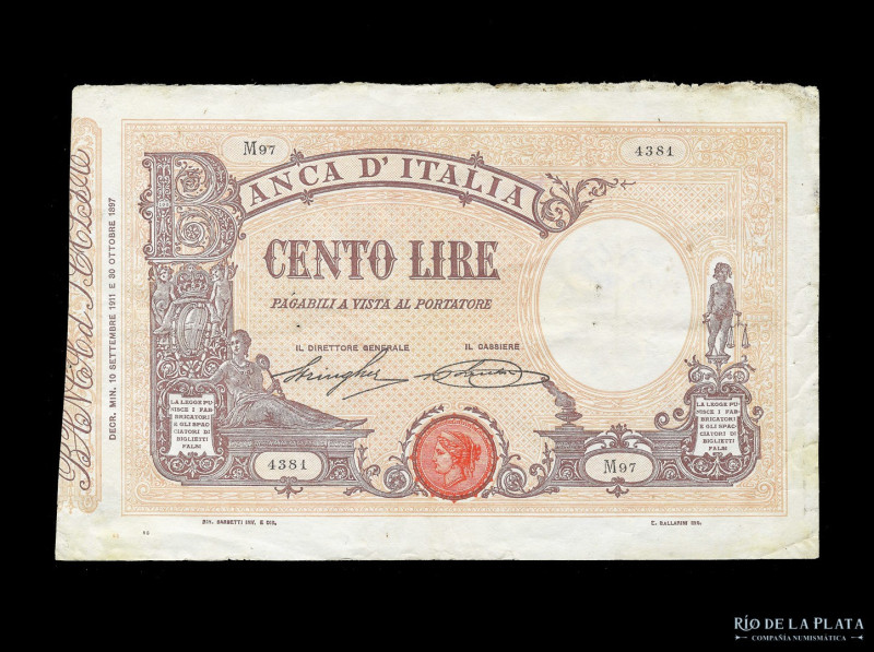 Italia. Banca d´Italia. 100 Lire 1911. Firmas: Stringher - Sacchi. Pick 39d (VF)...