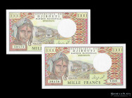 Djibouti. 2 x 1000 Francs ND1991. Pick 373