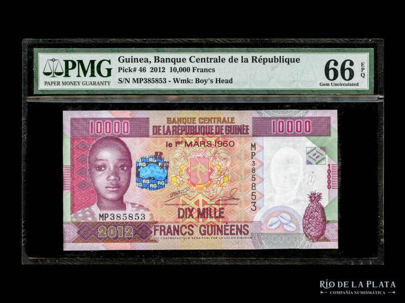 Guinea. Banco Central. 10.000 Francs 2012. Pick 46. Certificado PMG 66 EPQ Gem U...