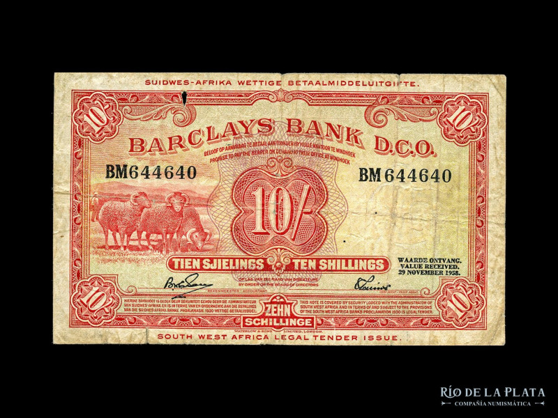Southwest Africa. Barclays Bank D.C.O. 10 Shillings 1954-58. Pick 4b (F)

USD ...