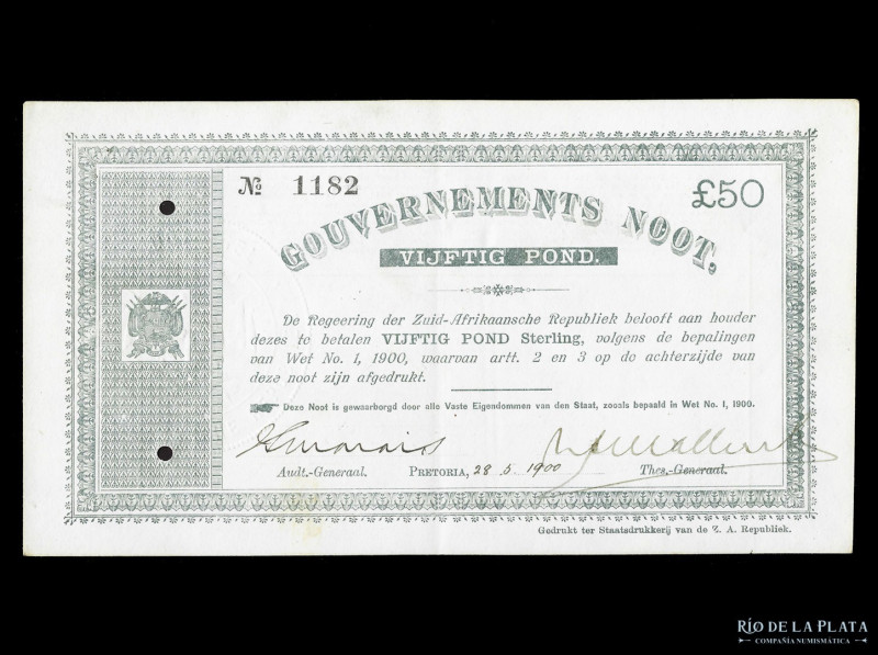 Sudáfrica. Gouvernements Noot. 50 Pounds 1900. Pick 58 (XF) dos perforaciones de...