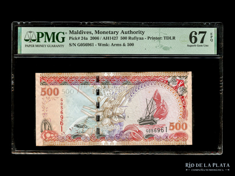 Maldivas. 500 Rufiyaa 2006 (AH1427). Pick 24a. Certificado PMG 67 EPQ Superb Gem...