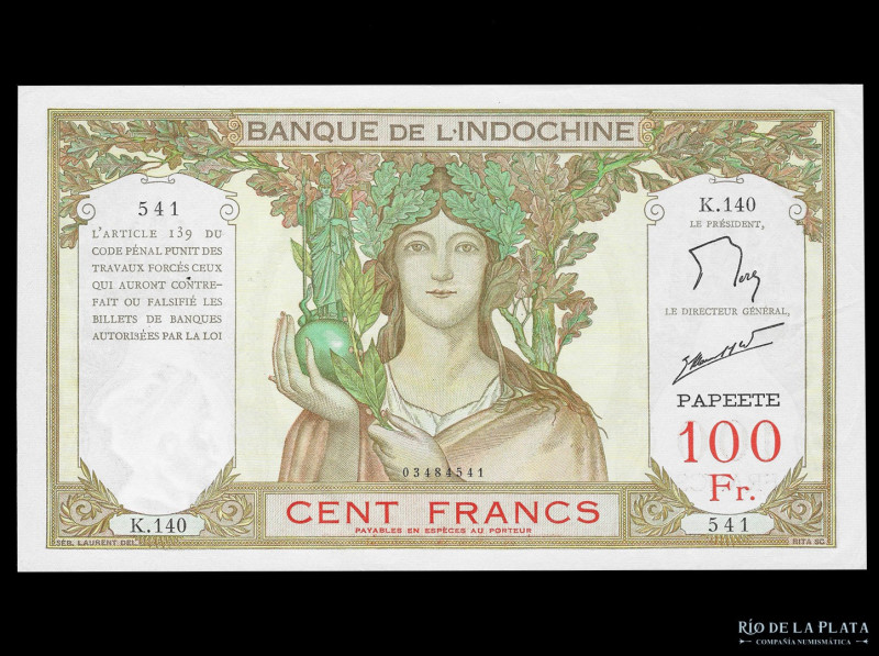 Tahiti. Banco de Indochina. 100 Francs ND1939-65 Papeete. Pick 14d (AU) No Pinho...