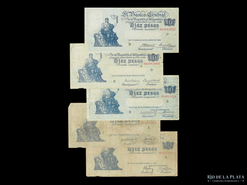 Argentina. Lote x 5 billetes 10 Pesos 1927-1946. Caja de Conversión y Serie Prog...